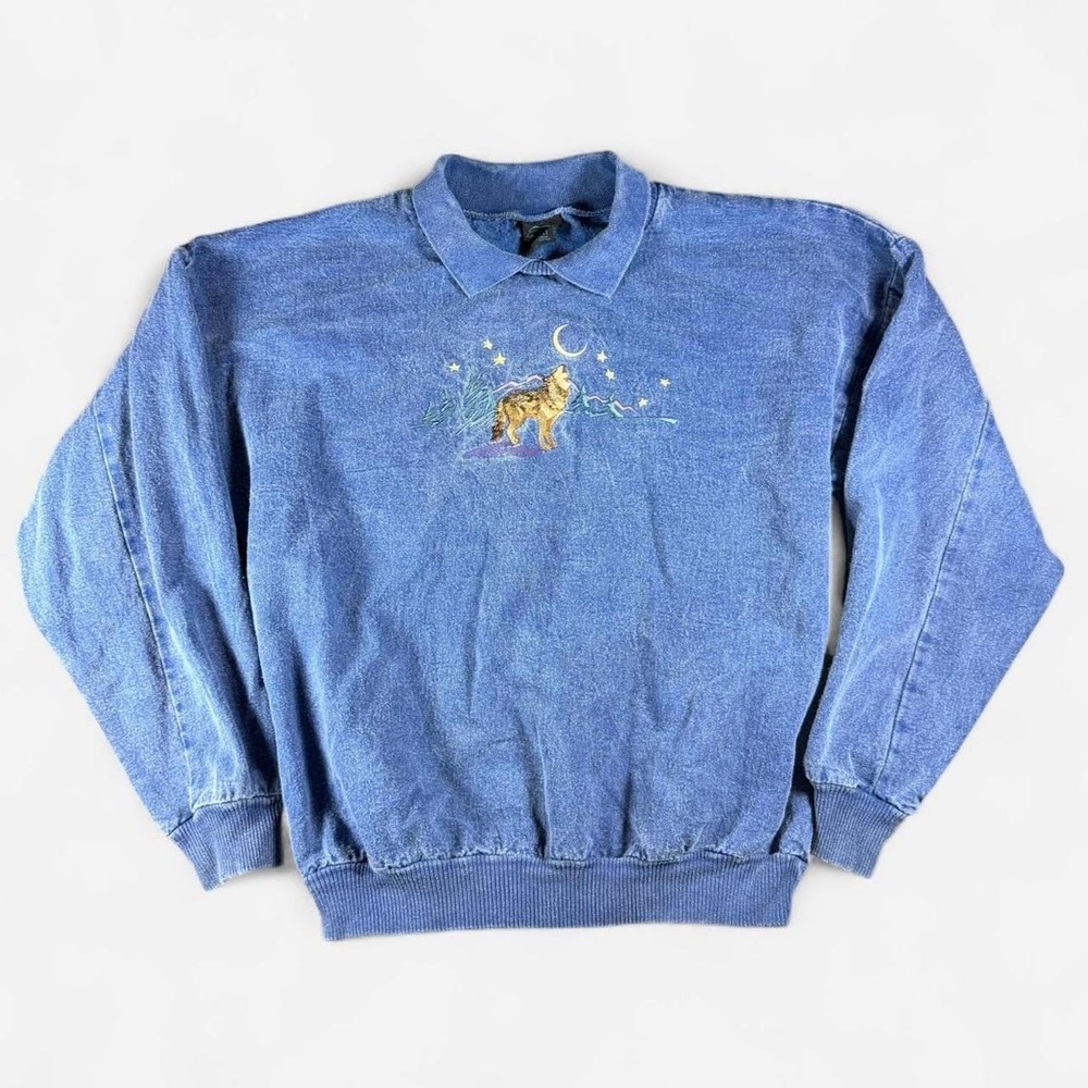 Vintage Habitat Embroidered Wolf Blue Collared Sweatshirt Oversized Size L USA